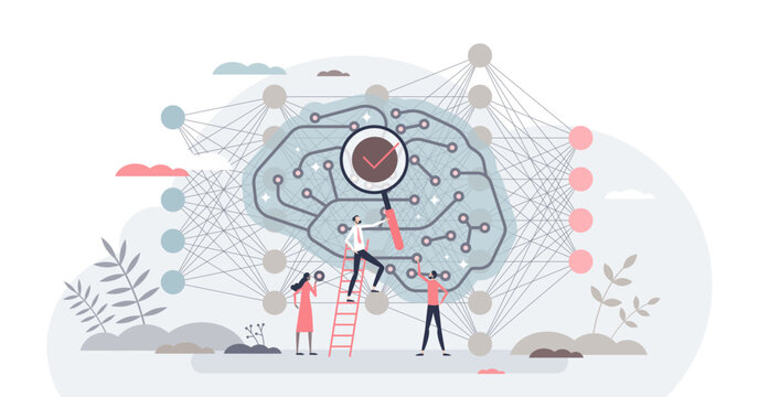 Deep learning neural network connection research for AI tiny person concept, transparent background. Artificial intelligence or machine knowledge automation progress analysis illustration.