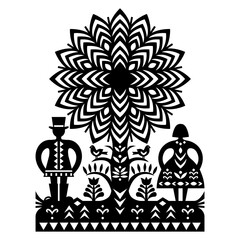 Fototapeta na wymiar Polish folk art vector pattern with man in hat, woman and birds Kurpiowskie Leluje Wycinanki - Kurpie paper cut outs design in black and white 