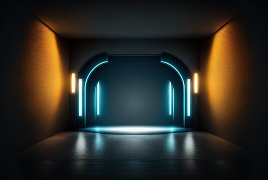 	illustration of spotlights shine on stage floor in dark room, idea for background, backdrop, mock up	Generative Ai 