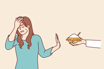 Embarrassed woman makes stop gesture rejecting proposed sugar that can harm health. girl touches forehead with hand trying to avoid eating sweety foods for dieting. Flat vector illustration - obrazy, fototapety, plakaty