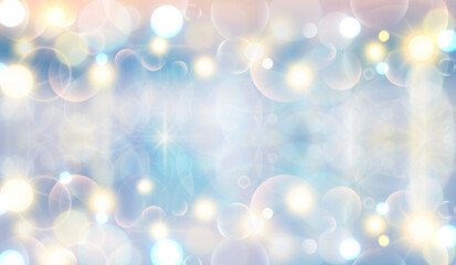 Magic lights of bokeh with golden blur soft light on sunset background. Holografic vector illustration of sky with galaxy made blurry bokeh