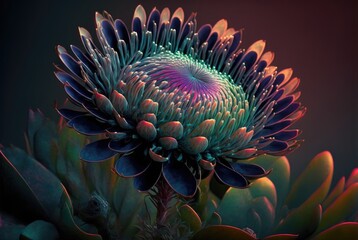 Fototapeta na wymiar Enigmatic flower reminiscent of the Cape Proteaceae, pointy flame petals and glowing aura. Strikingly beautiful and colorful offworld alien world flora - generative AI illustration. 
