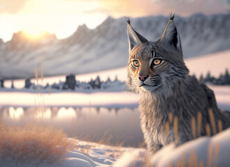 Obraz premium A wild cat in winter hills with a field and snow, in the background a blurred beautiful scene, made with generative AI