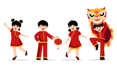 Chinese boy and girl celebrate chinese new year with lantern and lion dance. Cheerful Asian kids