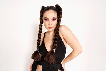 Fashion portrait of woman in futuristic outfit