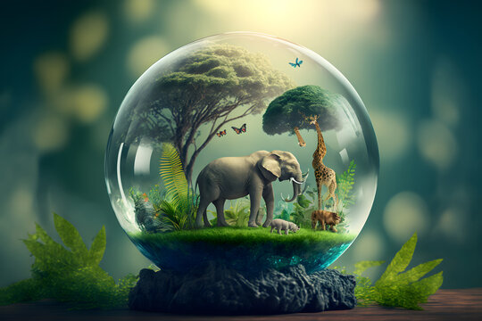 Crystal Earth glass globe ball and jungle flora, safari animals on blue sunny background. Saving environment, save clean planet and ecology