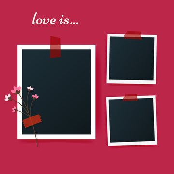 Romantic Mood board of blank photo frames for happy memories on color Viva Magenta background. Snapshots glued with color adhesive tape. Vector illustration