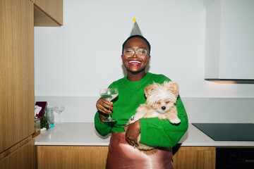 Beautiful Party Woman and Dog in Kitchen 
