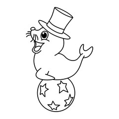 Funny circus walrus cartoon vector coloring page