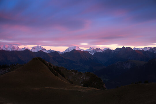 Panoramic view of dramatic mountain scenery in the Alps.