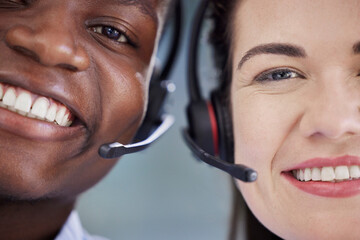 Black man, woman and call center in closeup, smile and portrait for teamwork, help and customer...