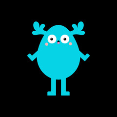 Monster head silhouette. Happy Halloween. Blue animal face. Cute Kawaii funny cartoon baby character. Deer horns, eyes. Boo. Sticker print. Flat design. Black background.