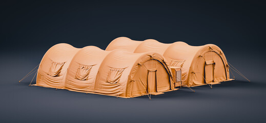 Monochrome single color yellow military tent and shelter, campsite for soldiers, humanitarian aid tent, 3d illustration