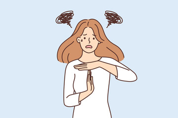 Distressed woman show stop gesture 