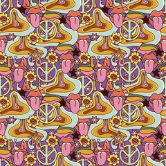 Vector seamless pattern in 70s style. Hand drawn psychedelic hippies background.