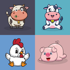 Collection of Cute Farm Animal Cartoons Chickens, Pigs, Cows

