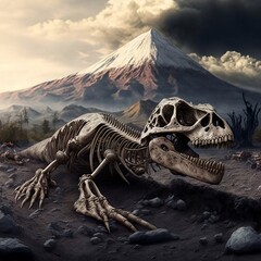 Fototapeta premium closeup of a replica of fossilized scary petrified Velociraptor dinosaur fossil remains in stone with details of the skeleton with skull and white bones