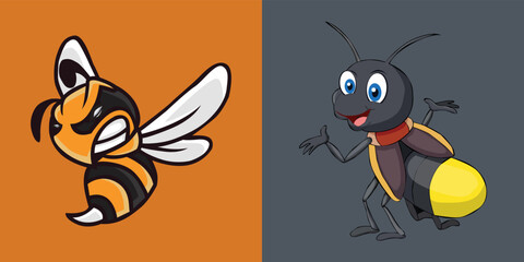 Collection of Cartoon Cute Insects Bee, Firefly
 - obrazy, fototapety, plakaty