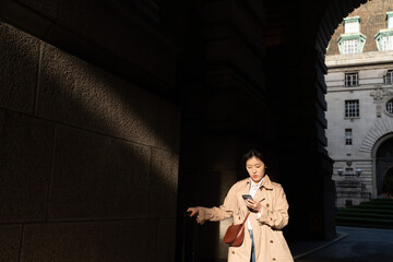 Woman With Suitcase Using Phone On The Street