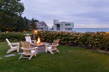 Lake Michigan waterfront landscape with fire pit in backyard 