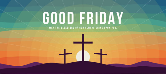 Good friday - Three cross crucifix on mountain and orange green sky and sunshine texture background vector design - 564932720