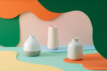 Set of three decorative vases on the creative construction