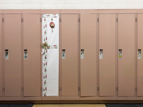 Locker in School decorated with Gift Wrapping at Christmas time 