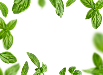 Fresh green organic basil leaves flying isolated on white background. With clipping path. Food levitation concept pattern. Ingredient, spice for cooking. Creative layout with basil