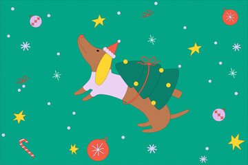 Cute cartoon dog and Christmas decorations