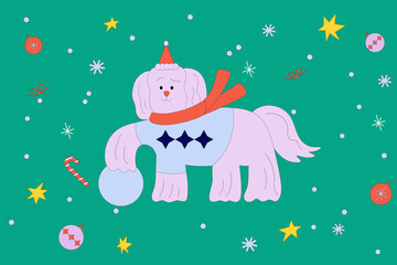 Cute poodle dog near Christmas decorations, flat vector