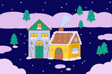 Gingerbread house Christmas night scene backgound, snowy night