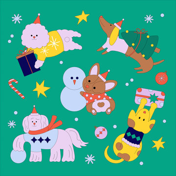 Fototapeta Cute cartoon Christmas dogs graphic flat style.