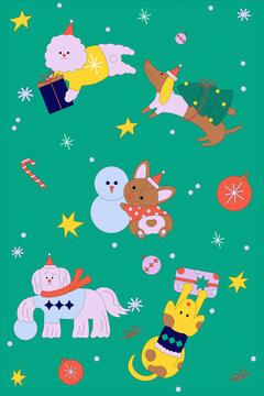 Christmas design with nice funny dogs and gifts
