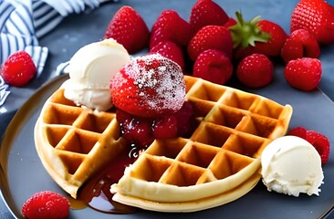 Waffles with Raspberry Jam, Icing sugar and fresh Berry , created with generative AI technology