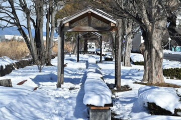 雪が積もった琵琶湖畔側道のベンチ