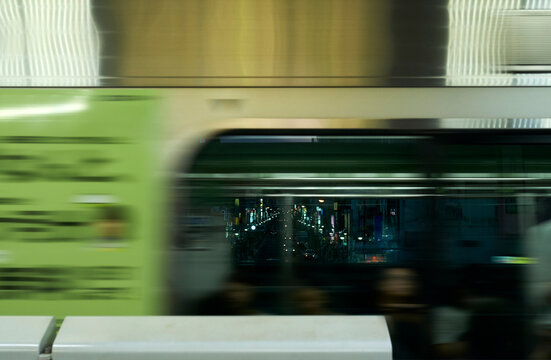 Closeup moving city light rail train and unreal city people