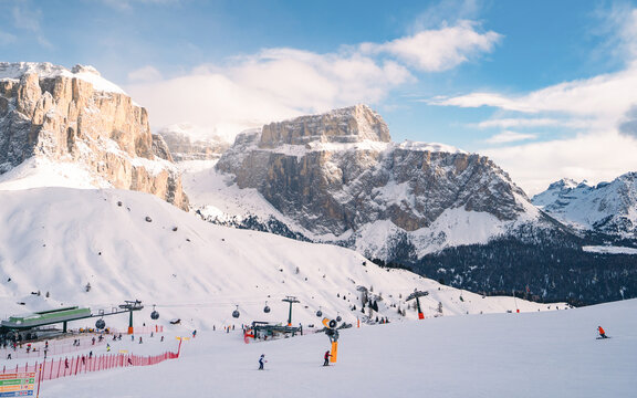 Sunny view of ski slope at Col Rodella valley near Canazei of Val di Fassa, Trentino-Alto-Adige region, Italy.