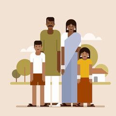Illustration of an Indian  rural family standing in-front of their home