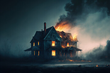 Large wooden two-storied house on fire at night. Based on Generative AI