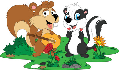 cute squirrel and skunk cartoon illustration