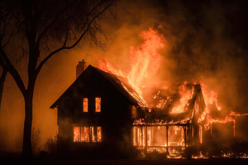 Large wooden two-storied house on fire at night. Based on Generative AI
