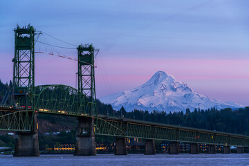 Hood river bridge and MT Hood  in sunset