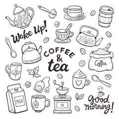 Collection of coffee and tea products. Doodle cliparts of teapots, cups, coffee, herbal teas... Isolated objects on a white background. Background to create patterns or use the objects individually.