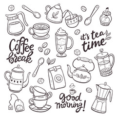 Collection of coffee and tea products. Doodle cliparts of teapots, cups, coffee, herbal teas... Isolated objects on a white background. Background to create patterns or use the objects individually.