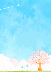 青空と桜の木の風景イラスト