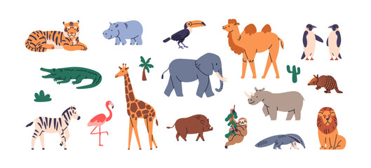 Obraz premium Wild African animals set. Exotic tropical mammals species. South wildlife fauna, giraffe, tiger, elephant, camel, zebra, flamingo. Childish kids flat vector illustrations isolated on white background