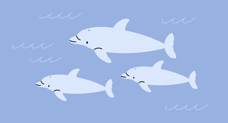 Dolphins in sea water. Underwater fishes, aquatic mammals. Wild undersea marine cute family swimming, surfing. Childish kids flat vector illustration