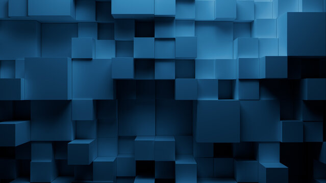 Perfectly Aligned Multisized Block Wall. Blue, Contemporary Tech Background. 3D Render.