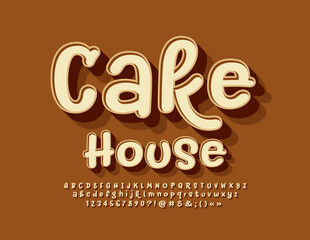 Vector bright Emblem Cake House. Retro style Font. Artistic Alphabet Letters and Numbers set