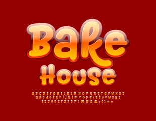 Vector Glossy Emblem Bake House. Funny hanwritten Font. Playful style Alphabet Letters and Numbers set